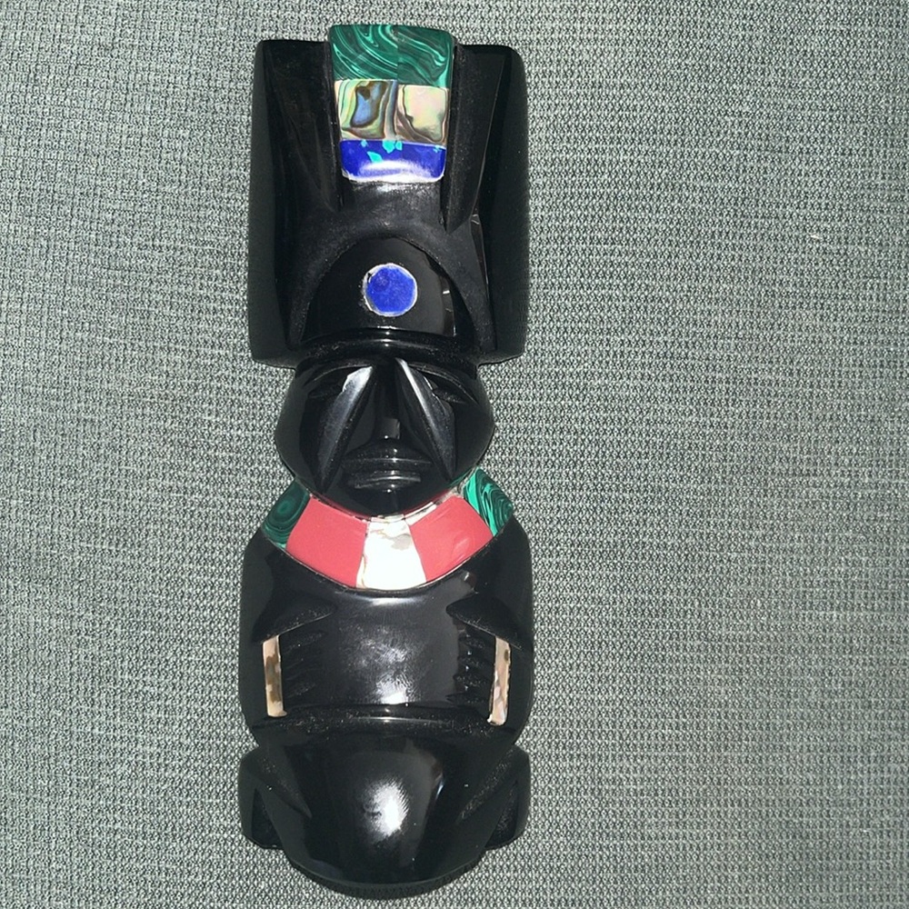 obsidian Aztec or Mayan warrior statue w/ inlaid semi-precious stones and shells